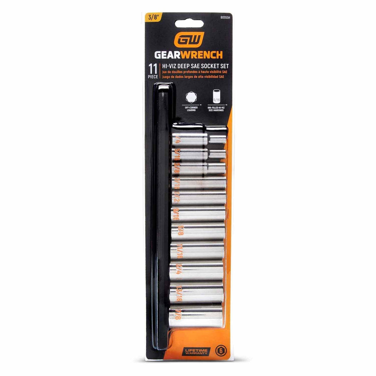 GearWrench 80555H 11 Piece 3/8" Drive 6 Point SAE Hi-Viz Deep Socket Set - 6