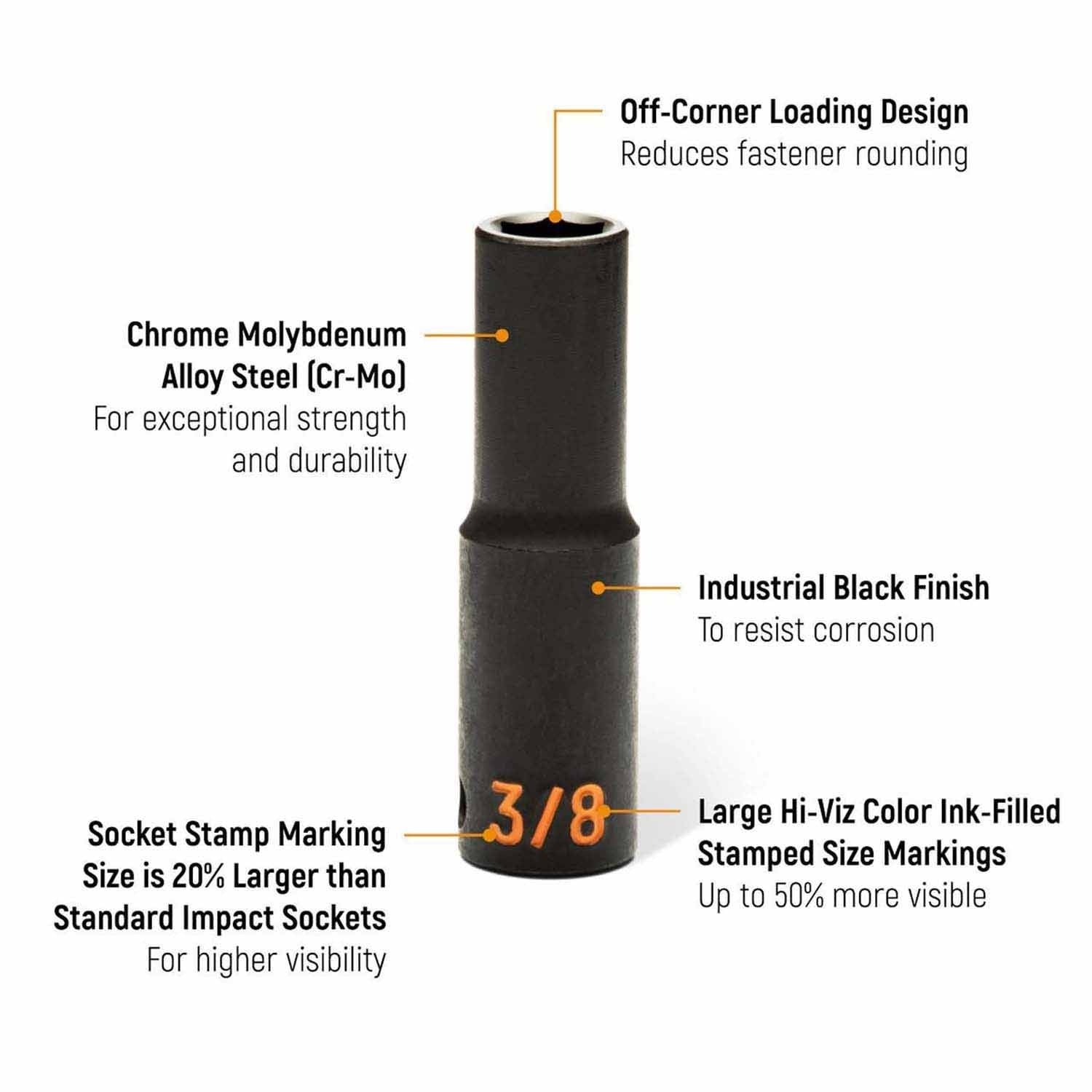 GearWrench 84915H 8 Piece 3/8" Drive 6 Point SAE Hi-Viz Deep Impact Socket Set - 2