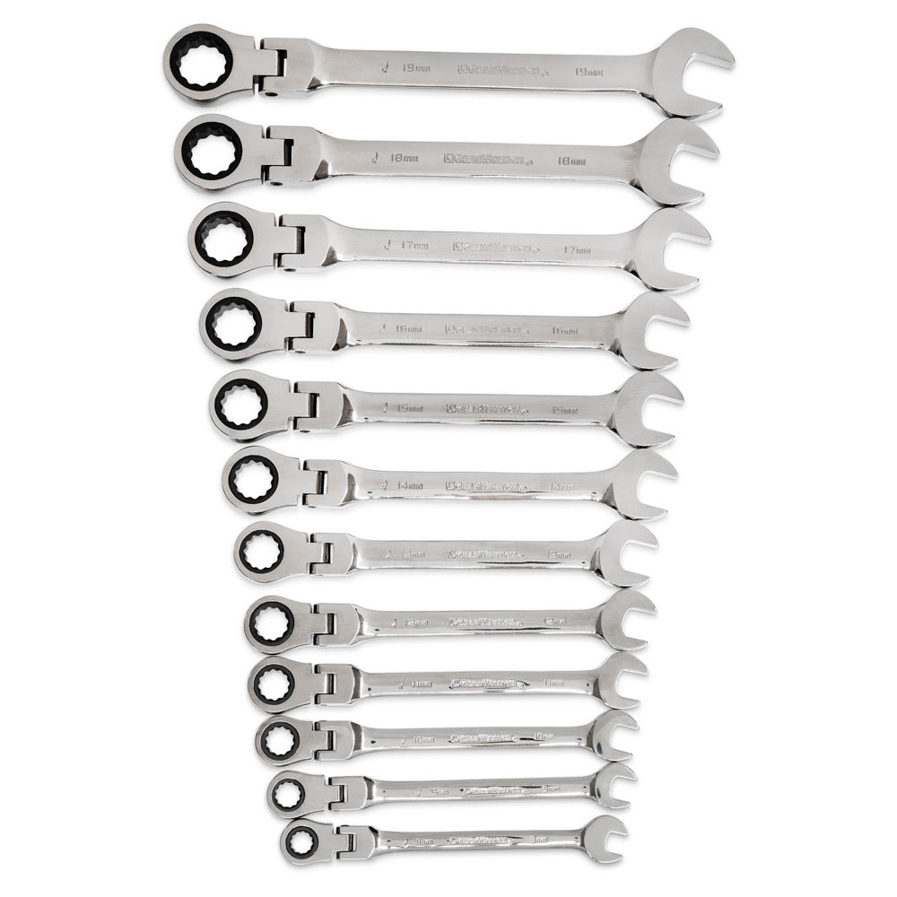 GearWrench 9901D 12 Pc. 72-Tooth 12 Point Flex Head Ratcheting Combination  Metric Wrench Set