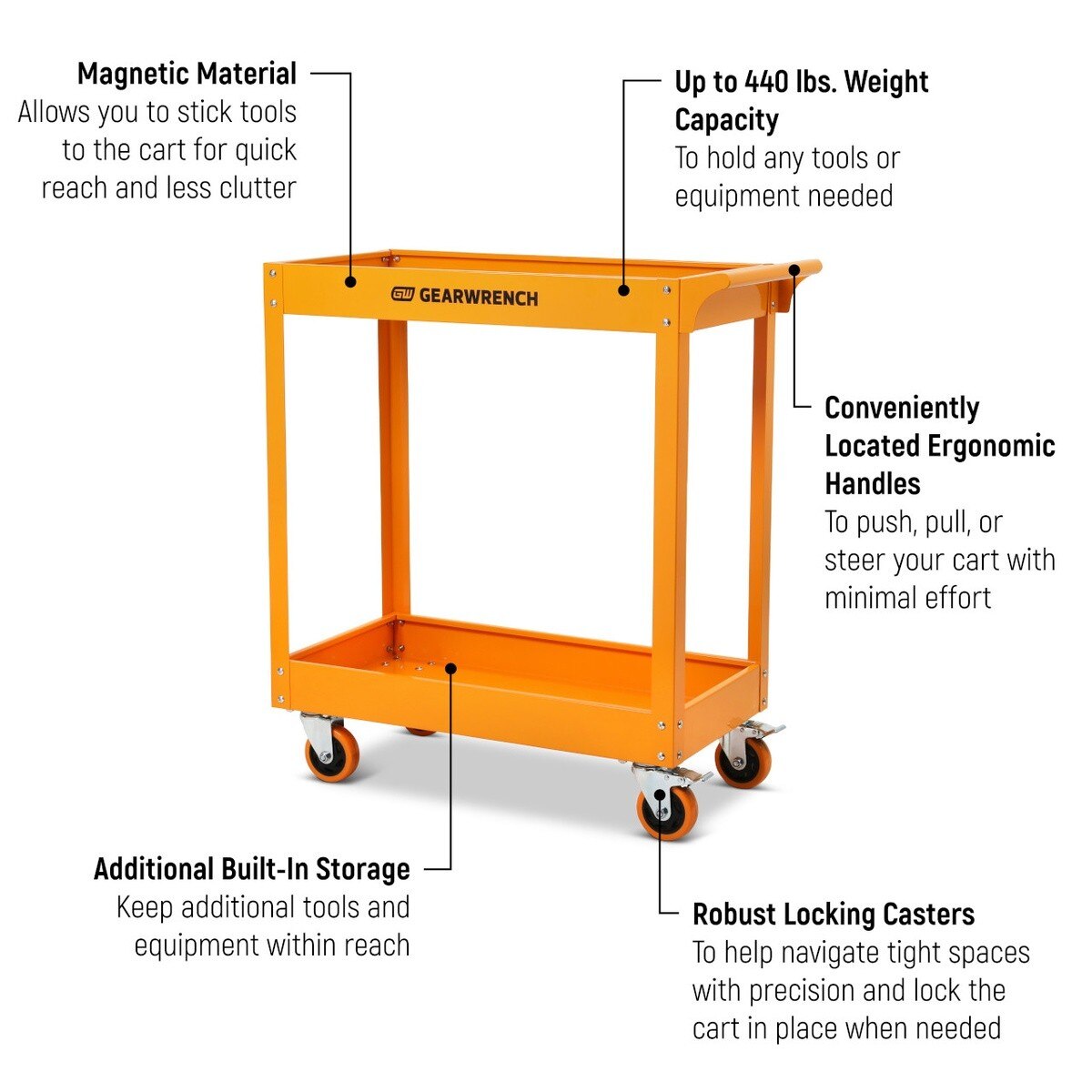 GearWrench GWMSC 36" 2 Shelf Steel Automotive Utility Cart with Locking Casters - 2
