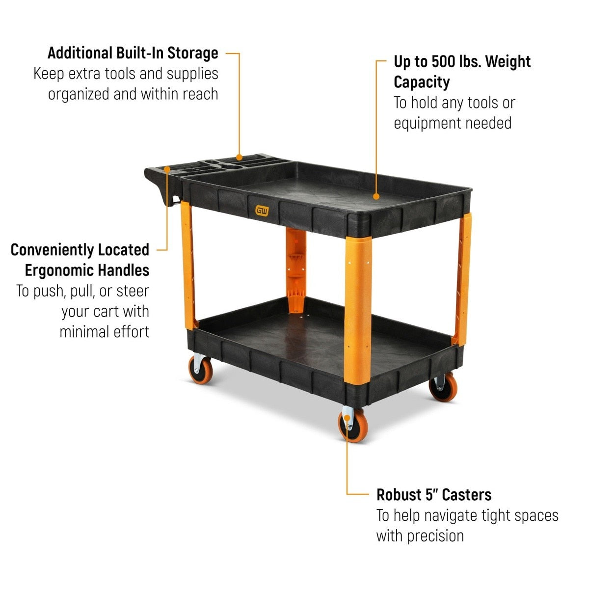 GearWrench GWPSCM 46" 2 Shelf Heavy Duty Plastic Utility Cart with Locking Casters 500 lb Capacity - 2