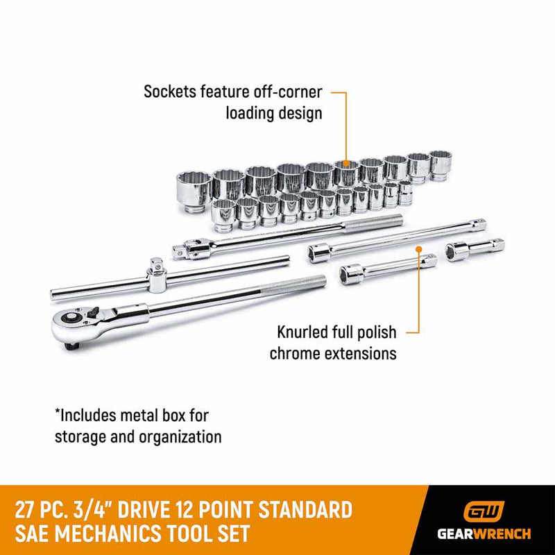 GearWrench 80880 27 Pc. 3/4" Drive 12 Point Standard SAE Mechanics Tool Set - 2