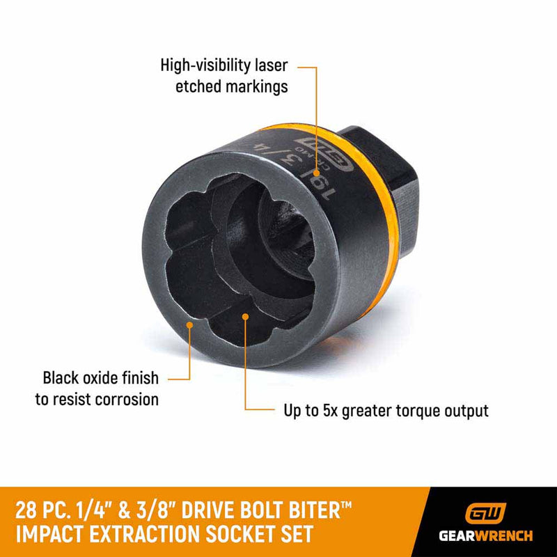 GearWrench 84784 28 Pc. 1/4" & 3/8" Drive Bolt Biter Impact Extraction Socket Set - 3