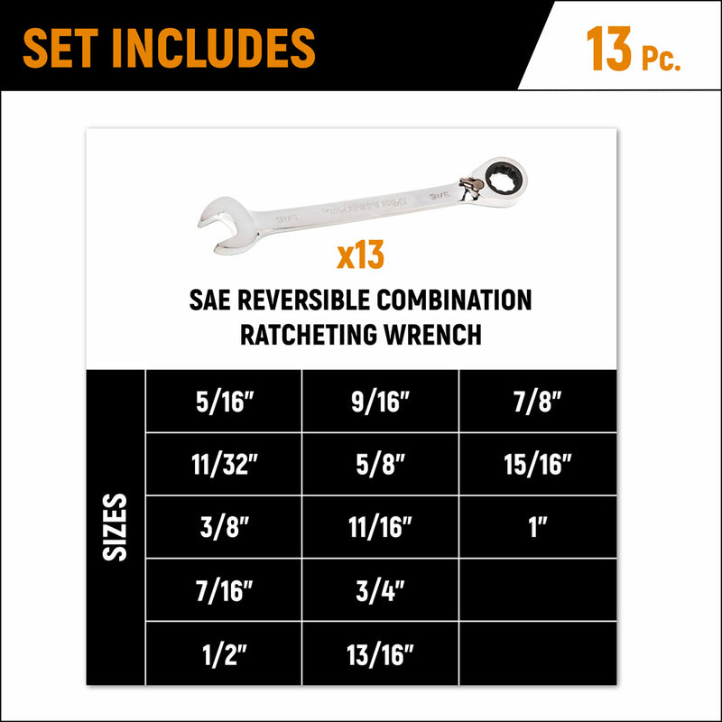 GearWrench 9509N 13 Pc. 72-Tooth 12 Point Reversible Ratcheting Combination SAE Wrench Set - 2