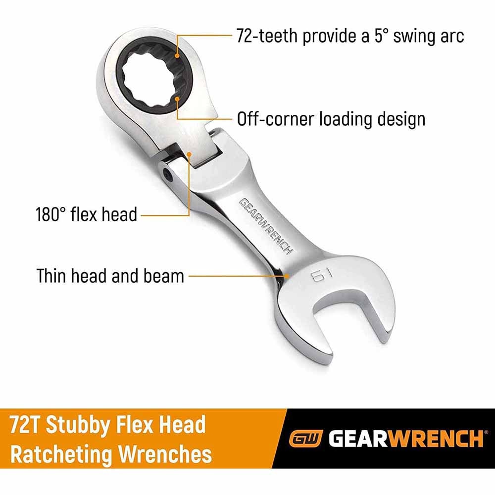 GearWrench 9570 7 Pc. 72-Tooth 12 Point Stubby Flex Head Ratcheting Co