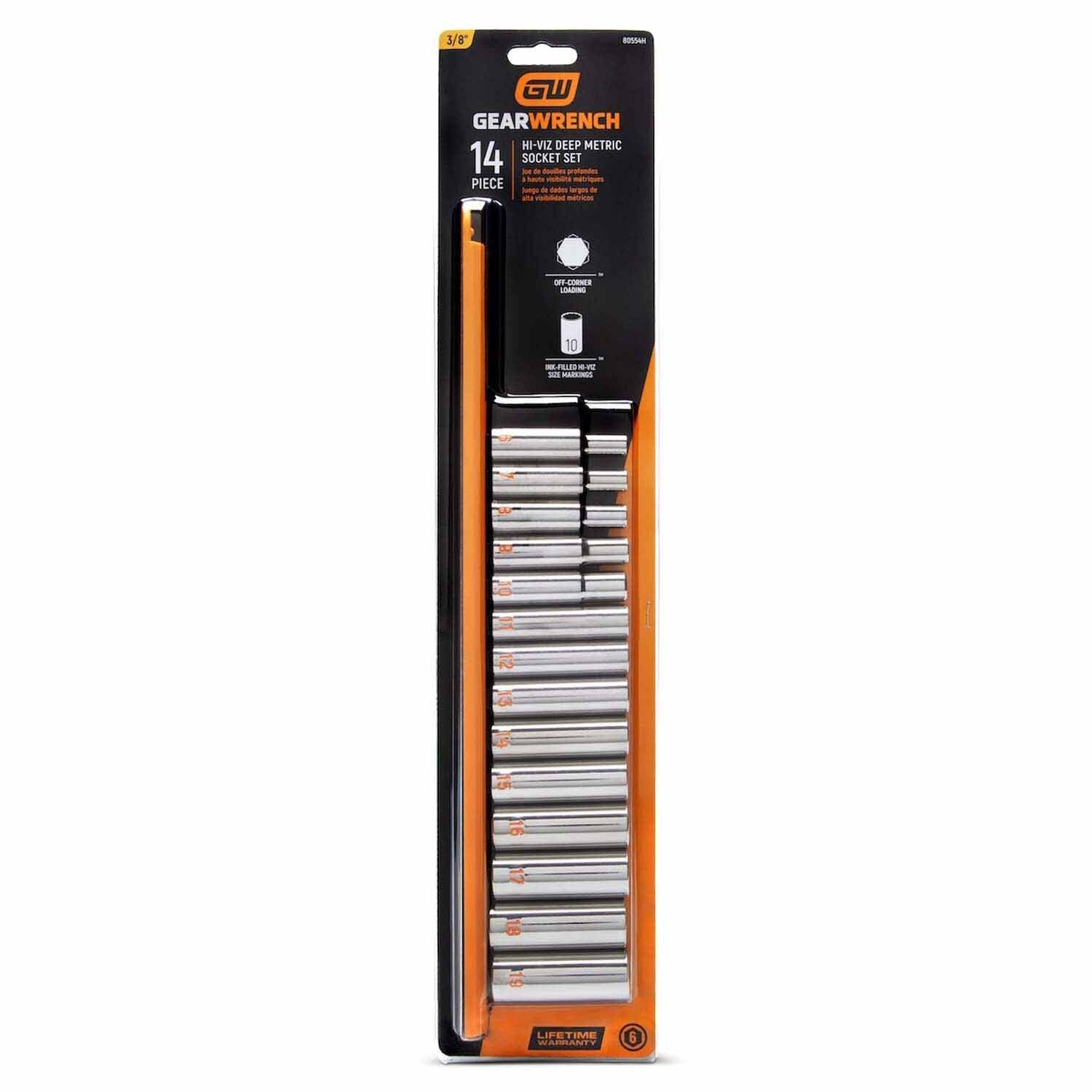 GearWrench 80554H 14 Piece 3/8" Drive 6 Point Metric Hi-Viz Deep Socket Set - 6