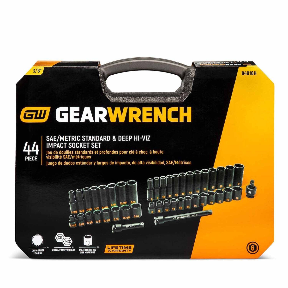 GearWrench 84916H 44 Piece 3/8" Drive 6 Point Standard & Deep Impact SAE/Metric Hi-Viz Socket Set - 4