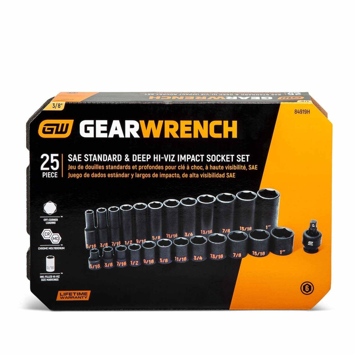 GearWrench 84919H 25 Piece 3/8" Drive 6 Point SAE Hi-Viz Standard & Deep Impact Socket Set - 4