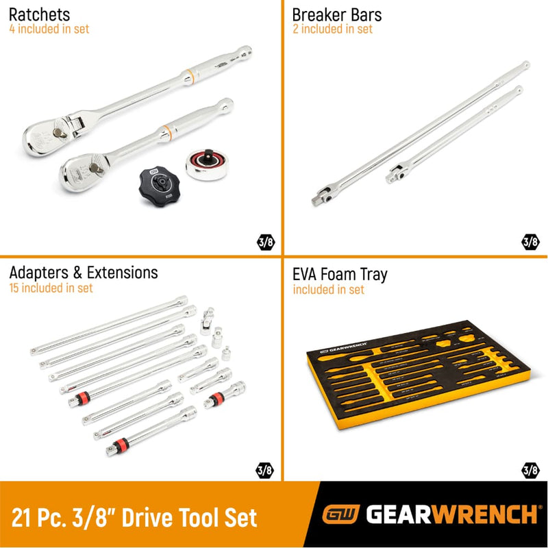 GearWrench 86521 21 Pc. 3/8" 90-Tooth Ratchet & Drive Tool Set with EVA Foam Tray - 2