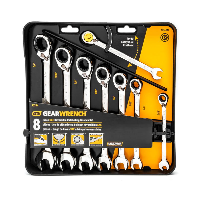 GearWrench 9533N 8 Pc. 72-Tooth 12 Point Reversible Ratcheting Combination SAE Wrench Set - 2