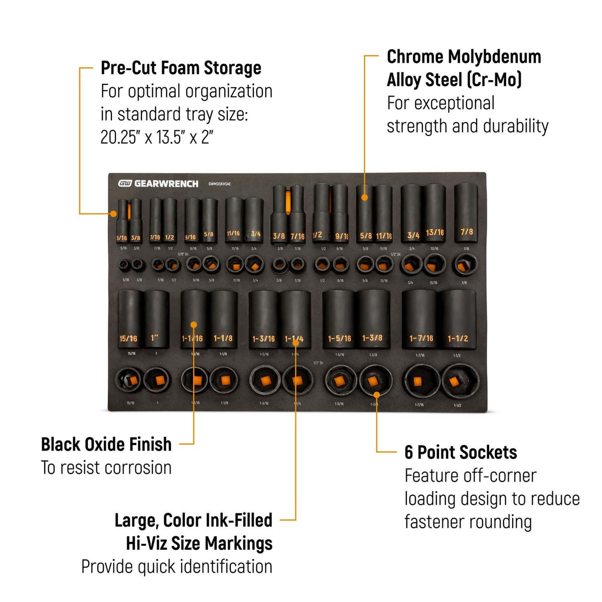 GearWrench GWMSISKHSAE 3/8 in and 1/2 in Drive 6 Point SAE Hi-Viz Impact Socket Set with Foam Tray (54 Piece) - 2