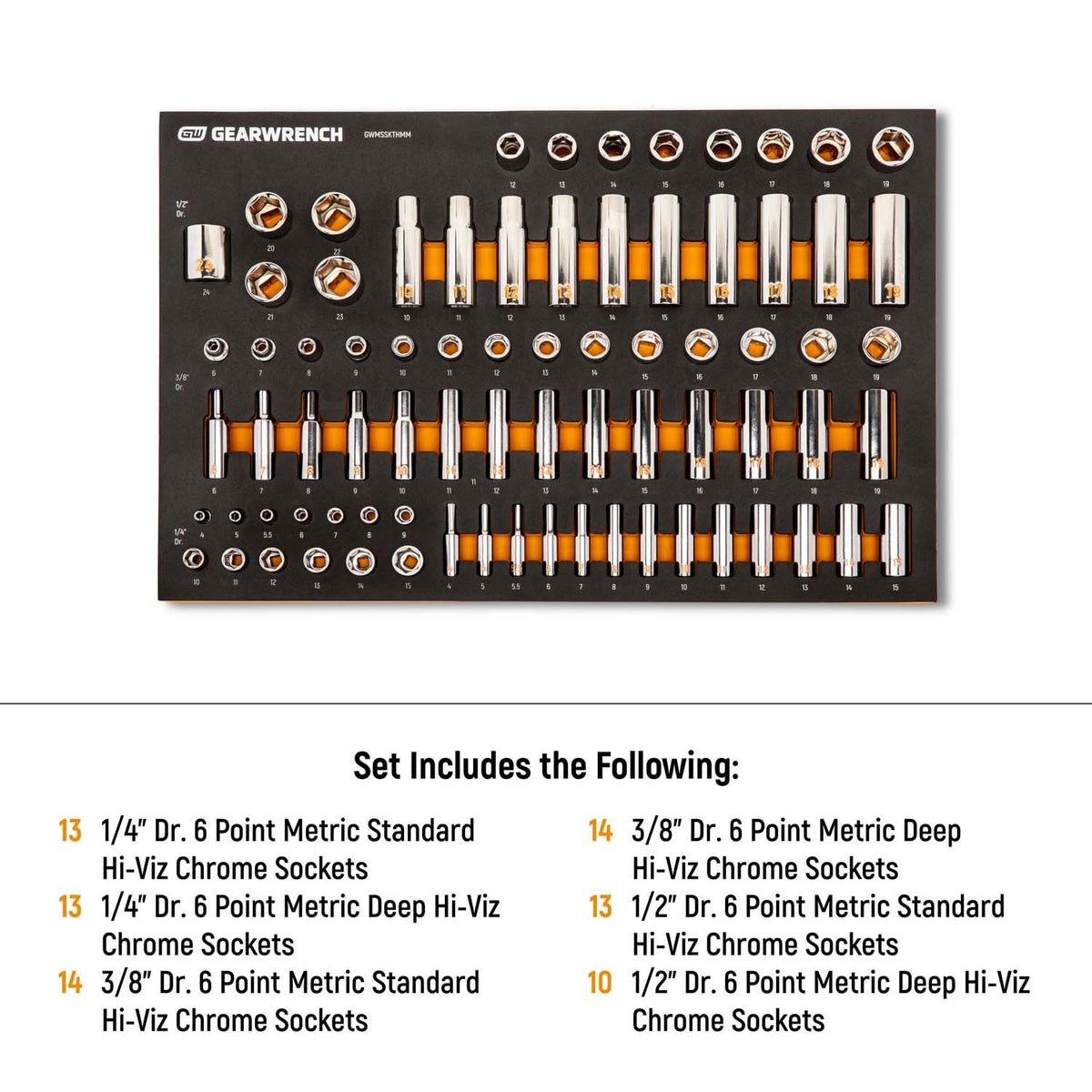 GearWrench GWMSSKTHMM Hi-Viz Metric Chrome Socket Set with Foam Tray 1/4 in 3/8 in 1/2 in Drive (77 Piece) - 5