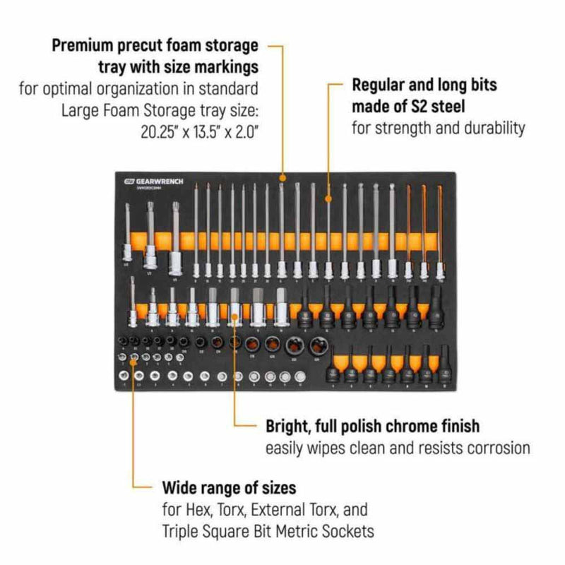 Gearwrench GWMSBSKCBMM 74 Piece 1/4”, 3/8”, 1/2” Drive Metric Bit Socket Set in Foam Storage Tray - 2