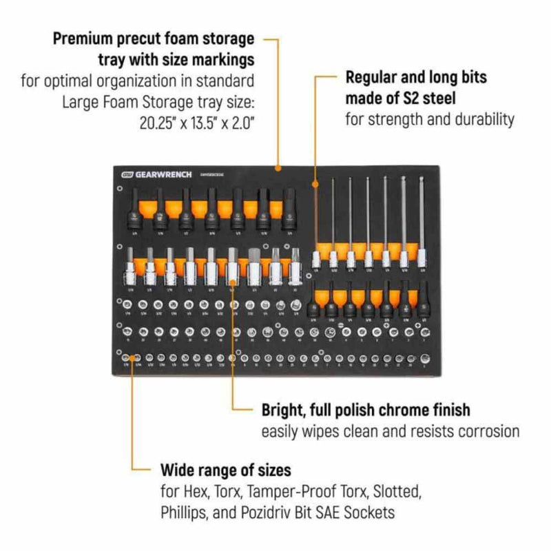 Gearwrench GWMSBSKCBSAE 88 Piece 1/4”, 3/8”, 1/2” Drive SAE Bit Socket Set in Foam Storage Tray - 2