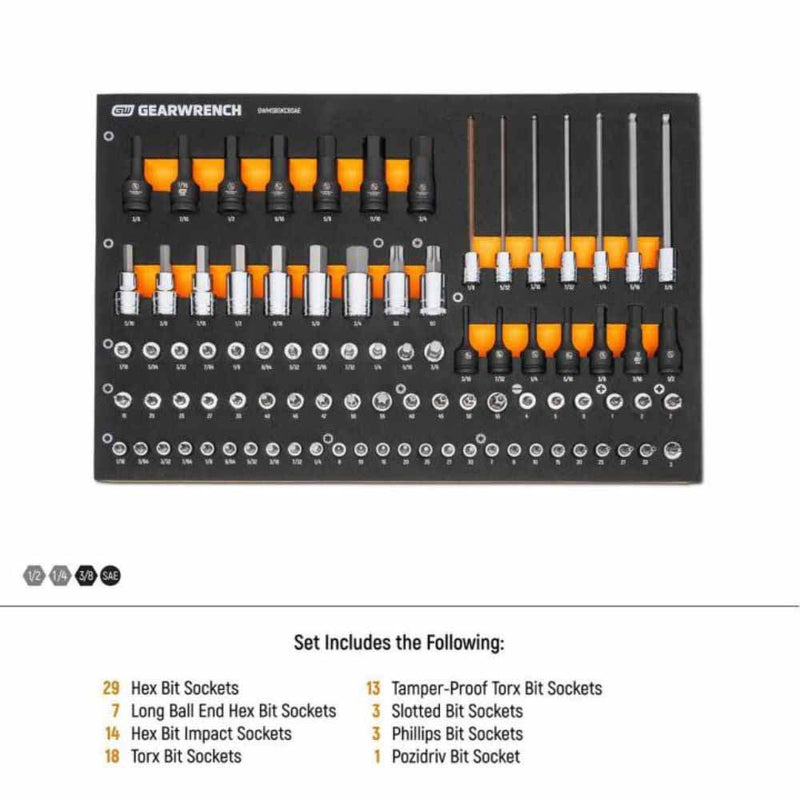 Gearwrench GWMSBSKCBSAE 88 Piece 1/4”, 3/8”, 1/2” Drive SAE Bit Socket Set in Foam Storage Tray - 5