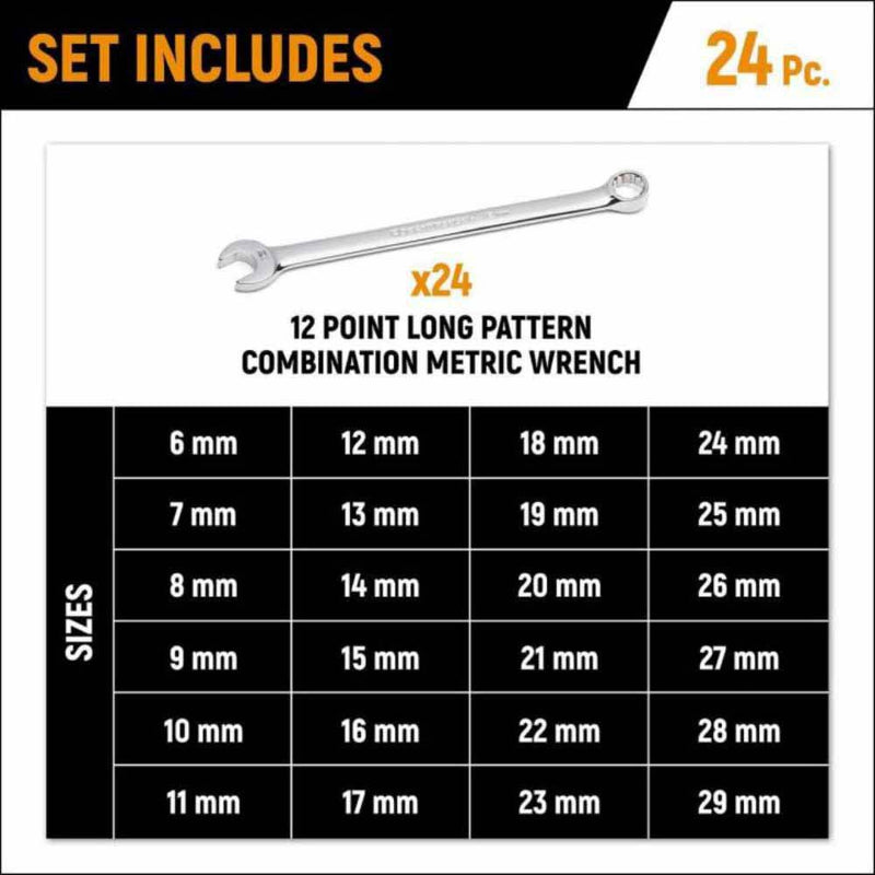 Gearwrench GWMSCWL12MM 24 Piece 12 Point Long Pattern Combination Metric Wrench Set - 6