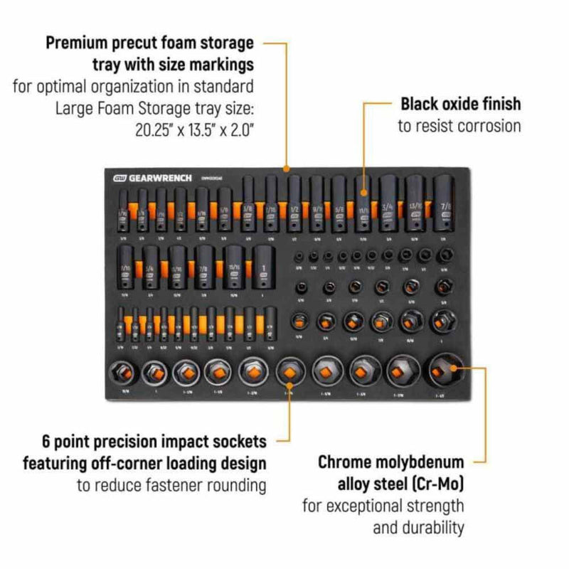 Gearwrench GWMSISKSAE 63 Piece 1/4”, 3/8”, 1/2” Drive 6 Point SAE Impact Socket Set in Foam Storage Tray - 2