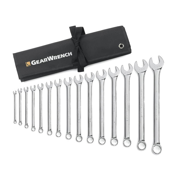 GearWrench 81918 15 Pc. 12 Point Long Pattern Combination SAE Wrench Set with Tool Roll