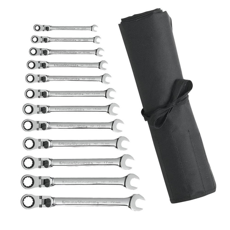 GearWrench 85698R 12 Pc. 72-Tooth 12 Point XL Locking Flex Head Ratcheting Combination Metric Wrench Set with Tool Roll