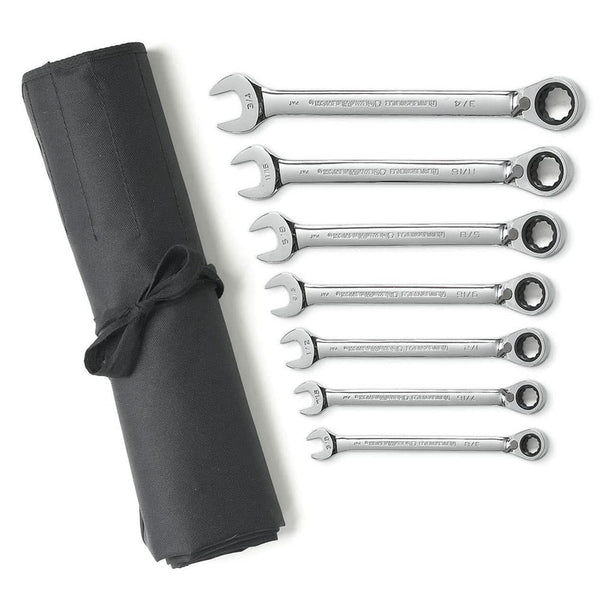 GearWrench 9567RN 7 Pc. 72-Tooth 12 Point Reversible Ratcheting Combination SAE Wrench Set with Tool Roll