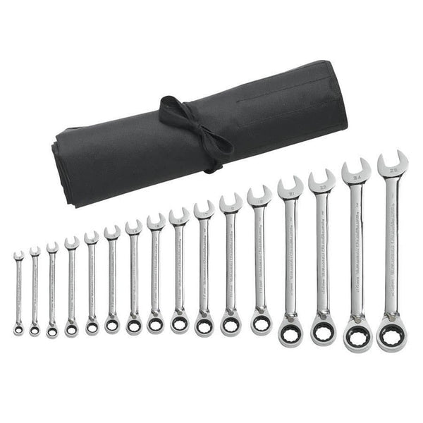 GearWrench 9602RN 16 Pc. 72-Tooth 12 Point Reversible Ratcheting  Combination Metric Wrench Set with Tool Roll