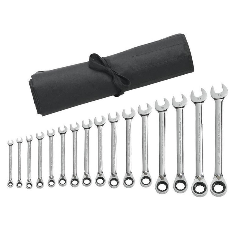 GearWrench 9602RN 16 Pc. 72-Tooth 12 Point Reversible Ratcheting Combination Metric Wrench Set with Tool Roll