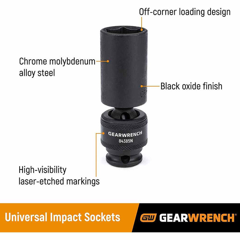 GearWrench 84943N 10 Pc. 1/2" Drive 6 Point Deep Universal Impact SAE Socket Set