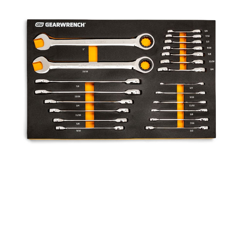 GearWrench 86526 21 Pc. 72-Tooth 12 Point SAE Standard & Stubby Combination Ratcheting Wrench Set with EVA Foam Tray