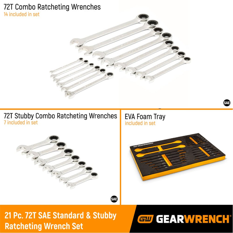 GearWrench 86526 21 Pc. 72-Tooth 12 Point SAE Standard & Stubby Combination Ratcheting Wrench Set with EVA Foam Tray