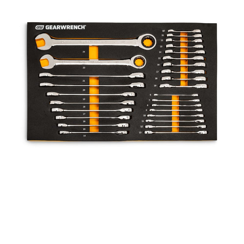 GearWrench 86527 28 Pc. 72-Tooth 12 Point Metric Standard & Stubby Combination Ratcheting Wrench Set with EVA Foam Tray