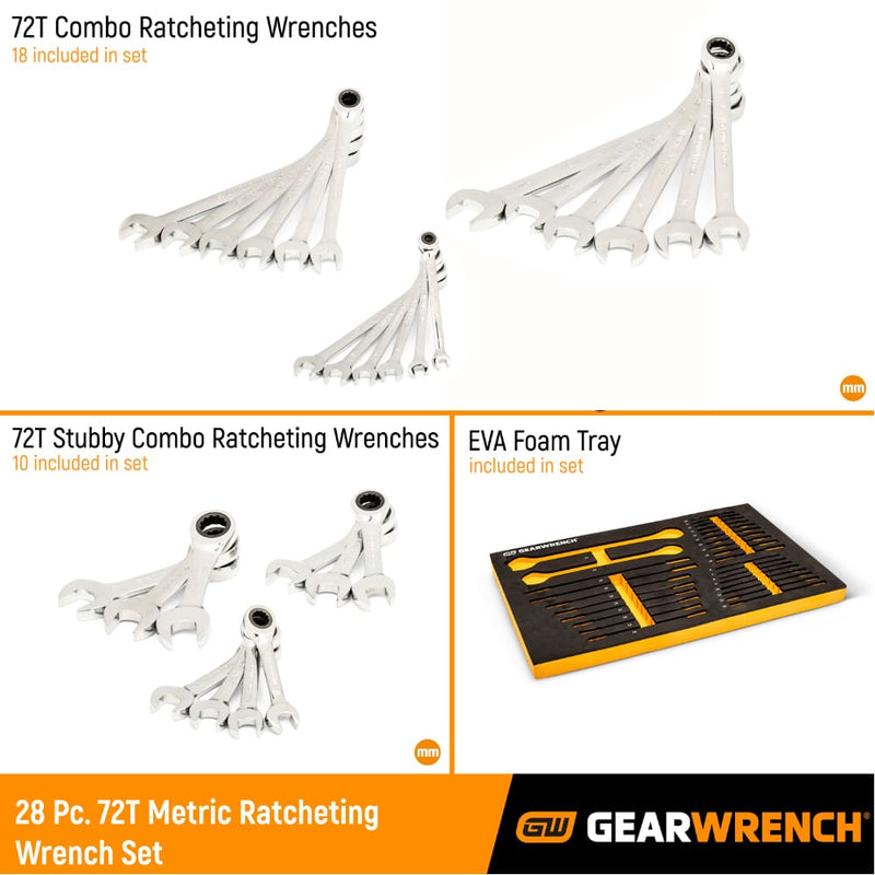 GearWrench 86527 28 Pc. 72-Tooth 12 Point Metric Standard & Stubby Combination Ratcheting Wrench Set with EVA Foam Tray