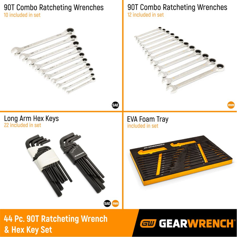 GearWrench 86528 44 Pc. 90-Tooth SAE/Metric Ratcheting Wrench and Hex Key Set