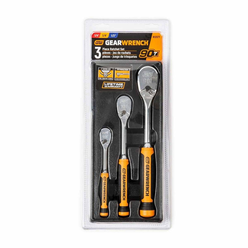 GearWrench 81207T 3 Pc. 1/4", 3/8" & 1/2" Drive 90-Tooth Dual Material Teardrop Ratchet Set