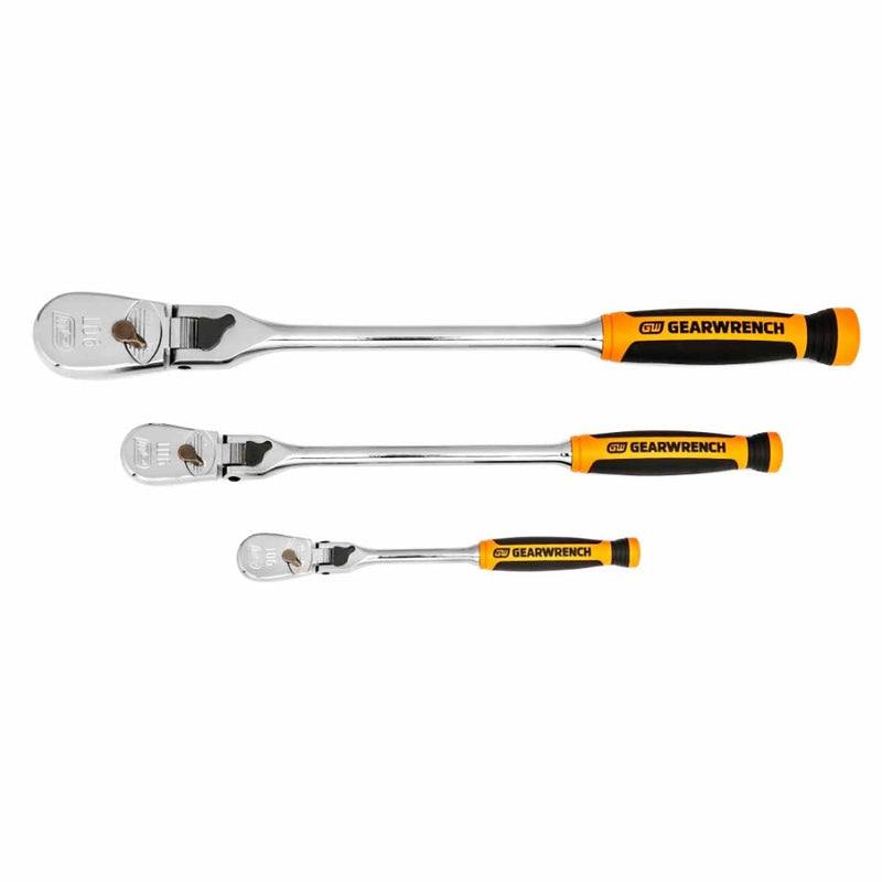 GearWrench 81298T 3 Pc. 1/4", 3/8" & 1/2" Drive 90-Tooth Dual Material Locking Flex Head Ratchet Set