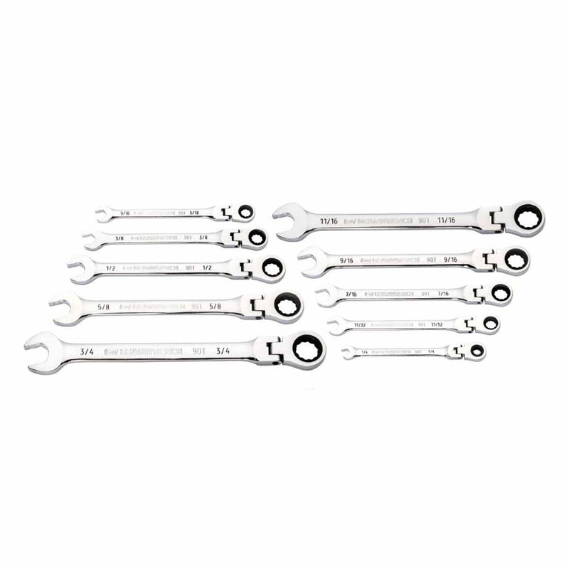 GearWrench 86758 10 Pc. 90-Tooth 12 Point Flex Head Ratcheting Combination SAE Wrench Set