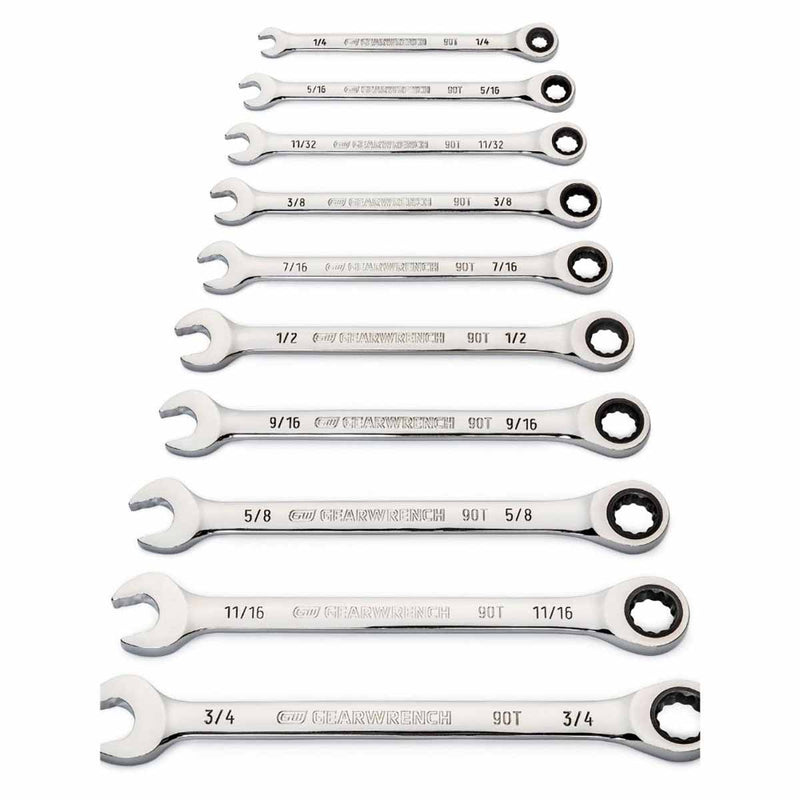 GearWrench 86958 10 Pc. 90-Tooth 12 Point SAE Combination Ratcheting Wrench Set