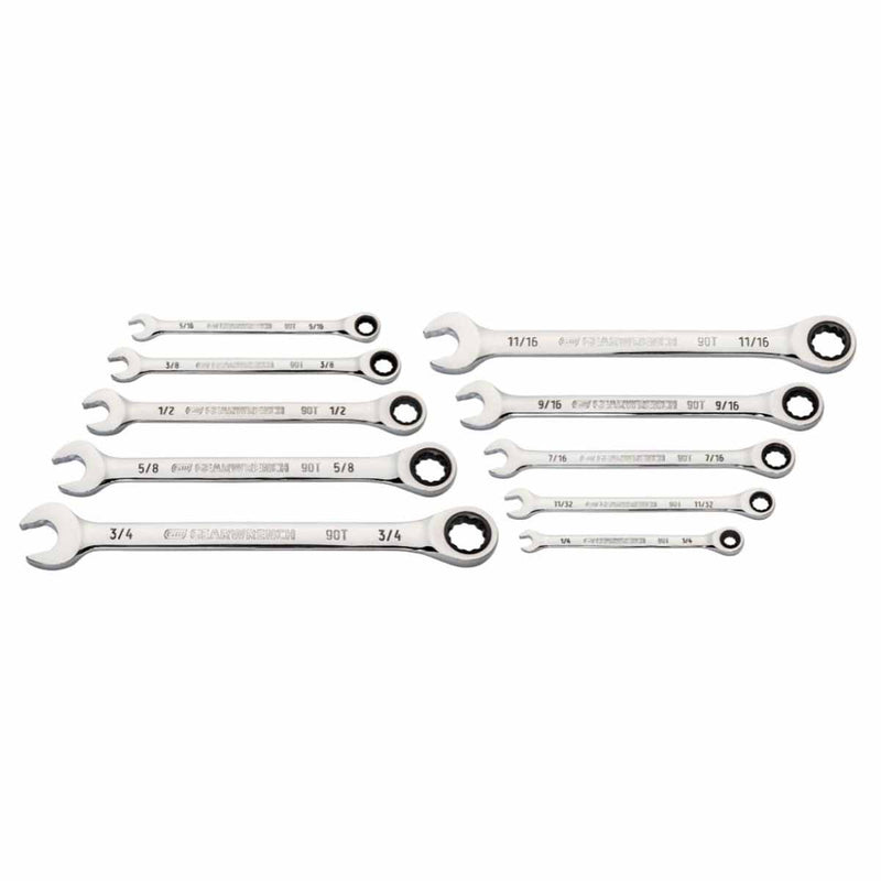 GearWrench 86958 10 Pc. 90-Tooth 12 Point SAE Combination Ratcheting Wrench Set
